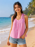 Pink Gingham Check Cotton Halter Neck Sleeveless Top