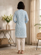 Powder Blue Floral Print Rayon lurex Kurta