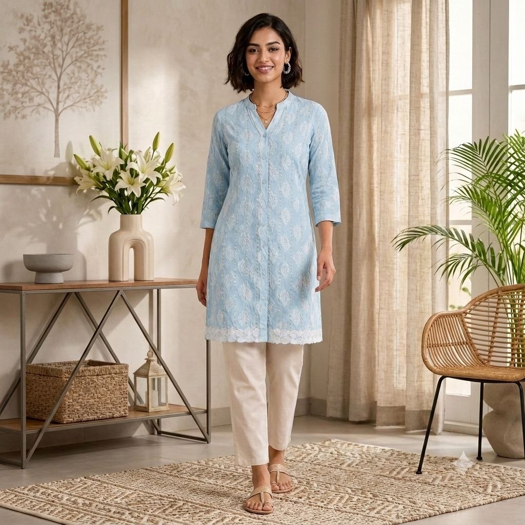 Powder Blue Floral Print Rayon lurex Kurta