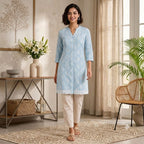 Powder Blue Floral Print Rayon lurex Kurta